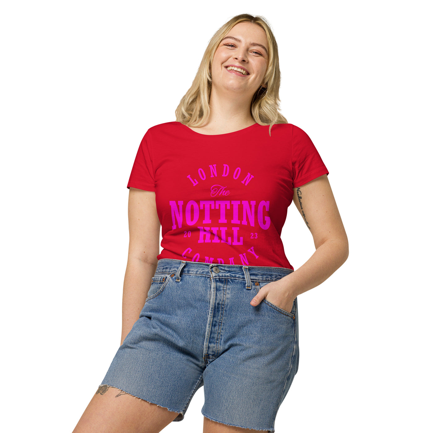 Women’s Organic Tee. hot pink logo